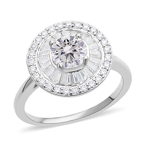 Moissanite Double Halo Ring in Rhodium Over Sterling Silver (Size 5.0) 1.85 ctw