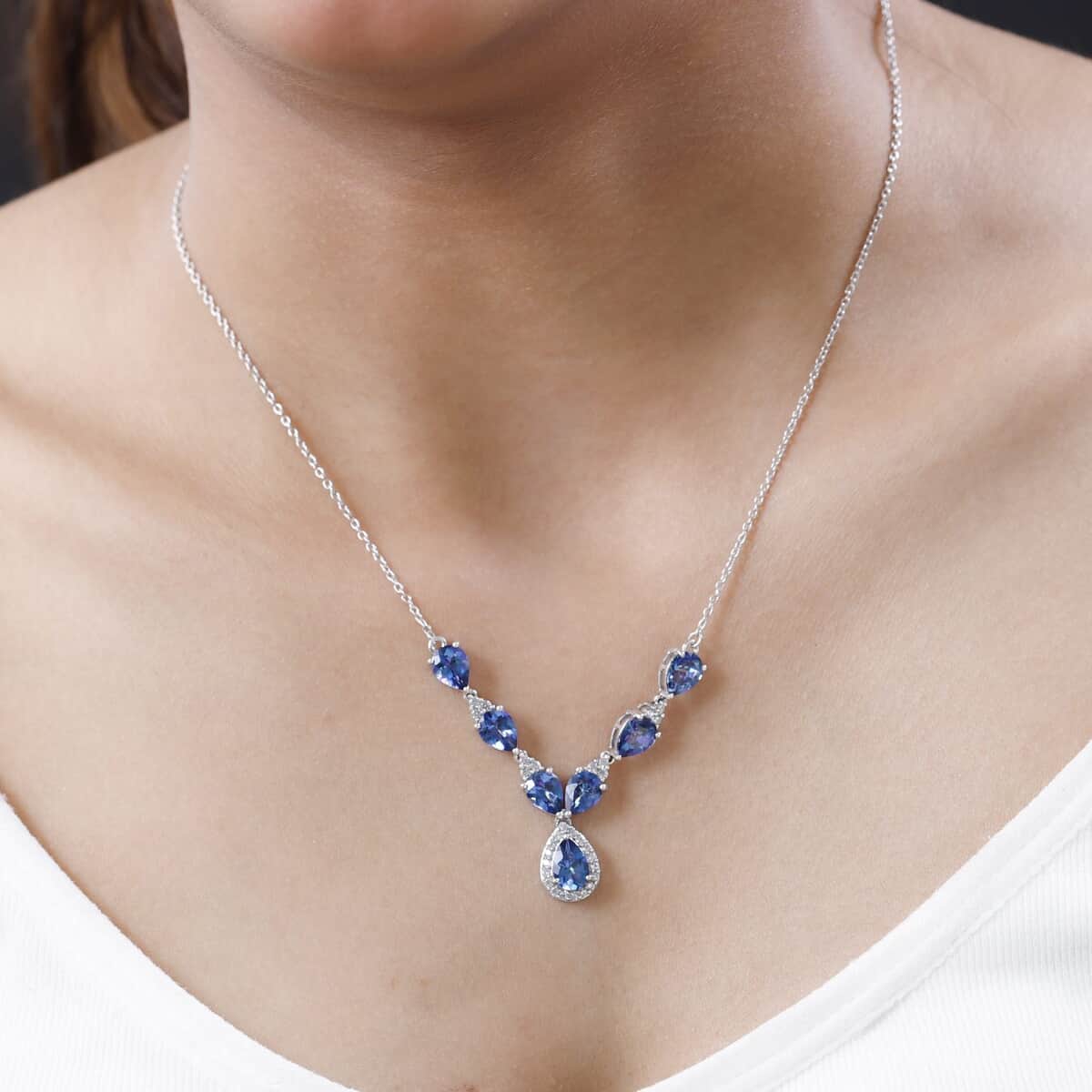 Brazilian Blue Petalite and White Zircon Necklace 18-20 Inches in Platinum Over Sterling Silver 6.50 ctw image number 2