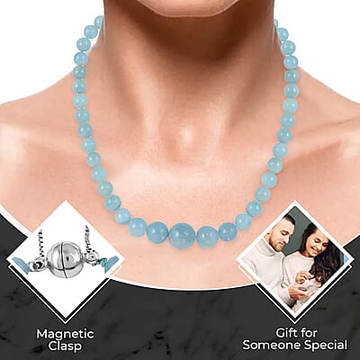 Aquamarine Beaded Necklace, Beads Necklace, Princess Length Necklace, Sterling Silver Necklace, Magnetic Clasp Necklace, Blue Necklace For Women 328.50 ctw