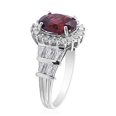 Mozambique Garnet and Moissanite Halo Ring in Platinum Over Sterling Silver (Size 10.0) 3.35 ctw