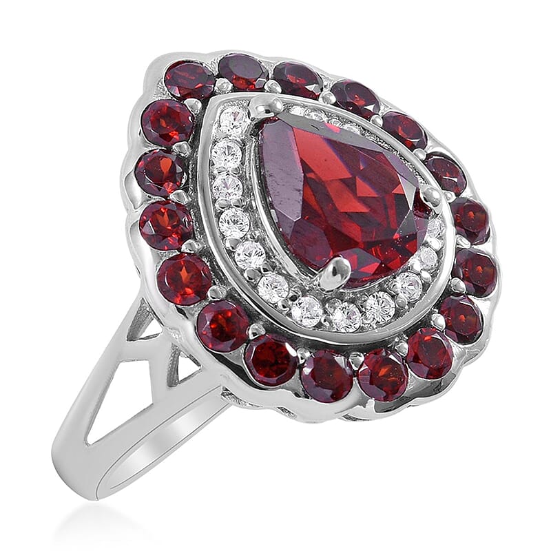 Mozambique Garnet and Natural White Zircon Double Halo Ring in Platinum Over Sterling Silver (Size 10.0) 3.35 ctw