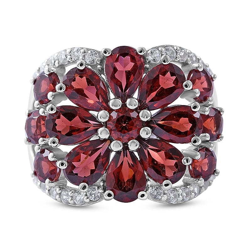 Mozambique Garnet and White Zircon Floral Ring in Platinum Over Sterling Silver (Size 10.0) 5.90 ctw