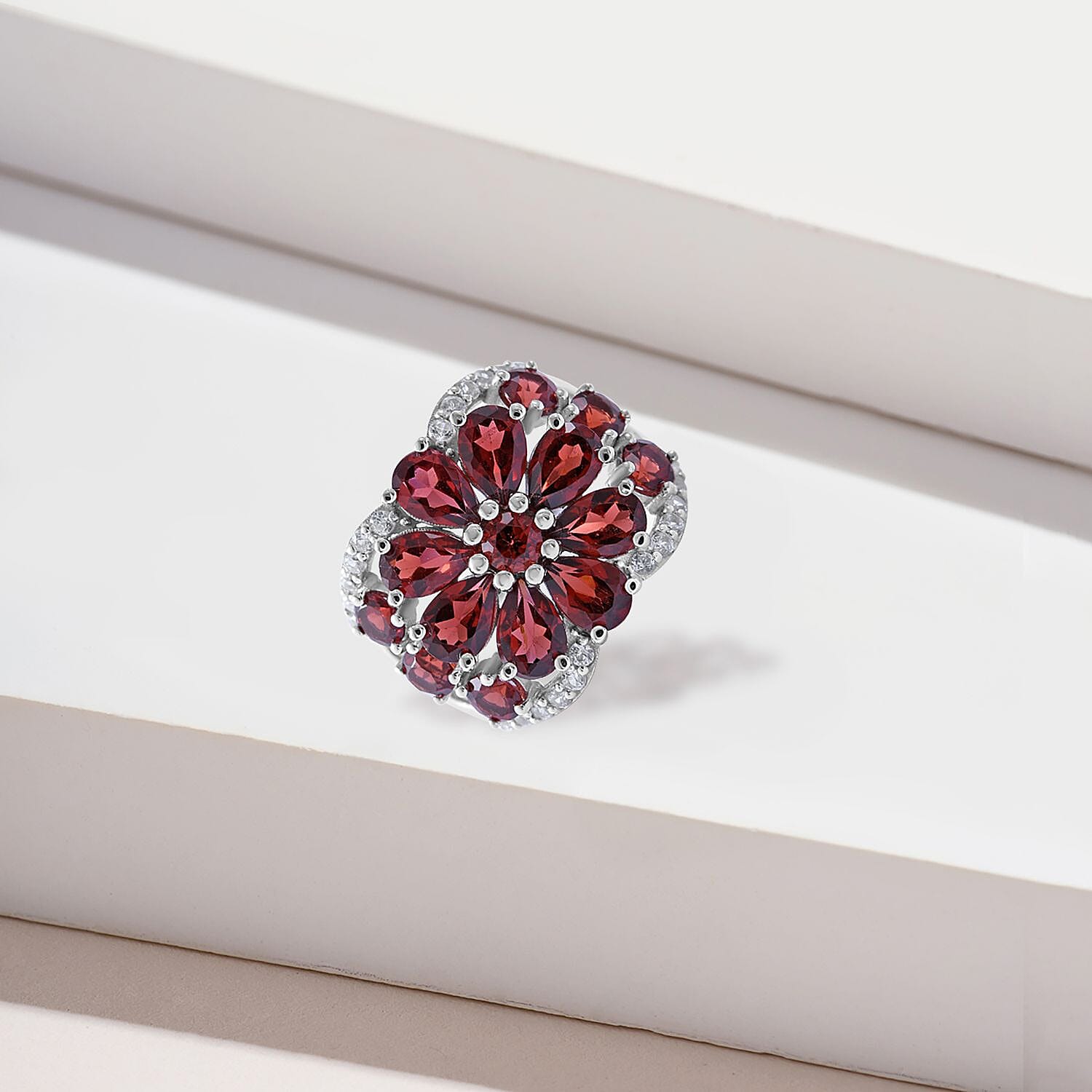 Mozambique Garnet and White Zircon Floral Ring in Platinum Over Sterling Silver (Size 10.0) 5.90 ctw