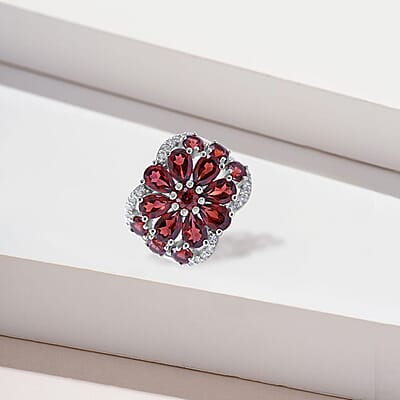 Mozambique Garnet and White Zircon Floral Ring in Platinum Over Sterling Silver (Size 10.0) 5.90 ctw