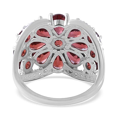 Mozambique Garnet and White Zircon Floral Ring in Platinum Over Sterling Silver (Size 10.0) 5.90 ctw