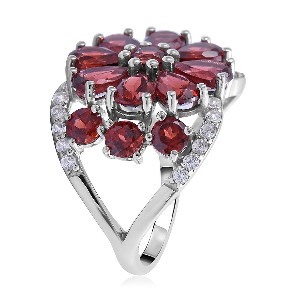 Mozambique Garnet and White Zircon Floral Ring in Platinum Over Sterling Silver (Size 7.0) 5.90 ctw image number 3