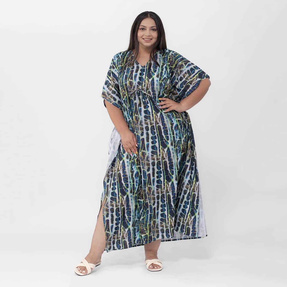 Tamsy Green Printed Long Kaftan With Pocket - One Size Fits Most (100% Polyester) image number 0