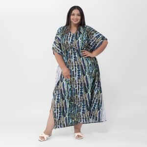 Tamsy Green Printed Long Kaftan With Pocket - One Size Fits Most (100% Polyester)