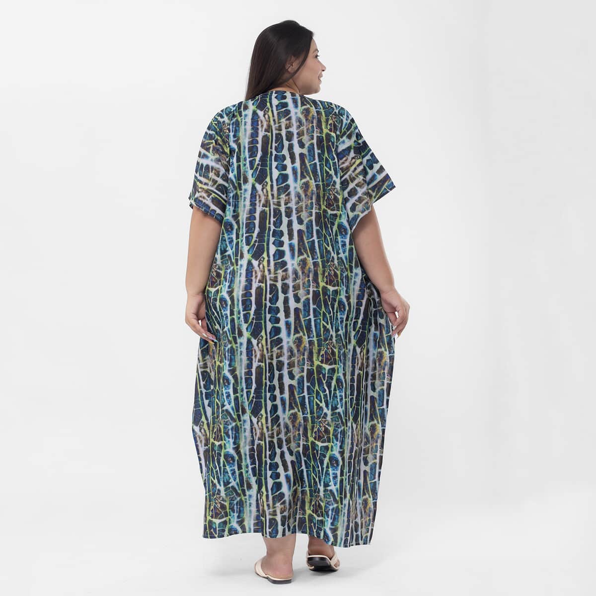 Tamsy Green Printed Long Kaftan With Pocket - One Size Fits Most (100% Polyester) image number 1