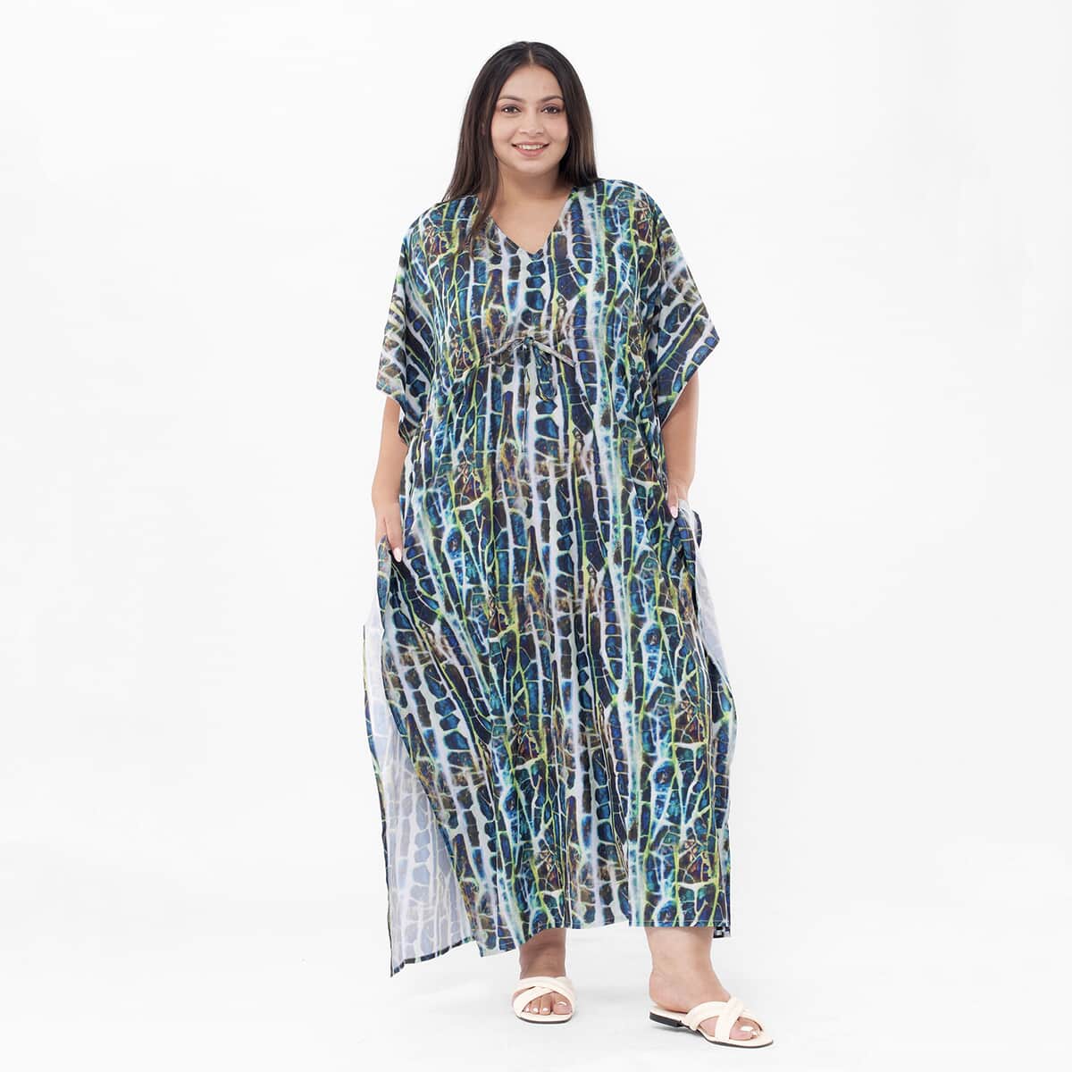 Tamsy Green Printed Long Kaftan With Pocket - One Size Fits Most (100% Polyester) image number 2