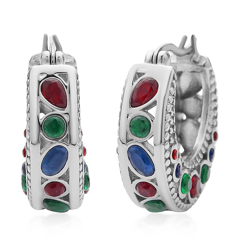 Multi Color Austrian Crystal Hoop Earrings in Stainless Steel , Tarnish-Free, Waterproof, Sweat Proof Jewelry