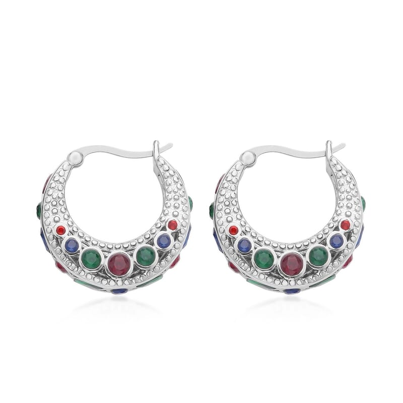 Multi Color Austrian Crystal Hoop Earrings in Stainless Steel , Tarnish-Free, Waterproof, Sweat Proof Jewelry