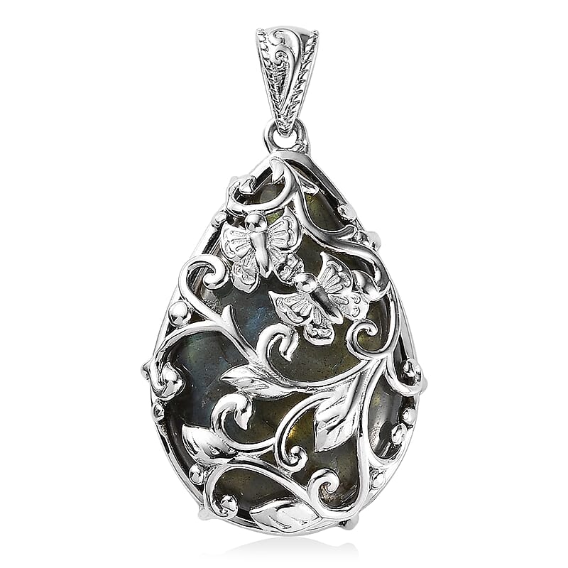 Malagasy Labradorite 35.20 ctw Fancy Pendant without Chain in Platinum Over Copper with Magnet