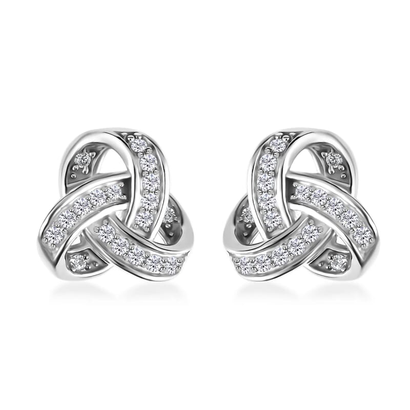 Moissanite Knot Stud Earrings in Platinum Over Sterling Silver, Celtic Knot Earrings, Knot Studs,Moissanite Stud Earrings, Silver Moissanite Studs 0.35 ctw