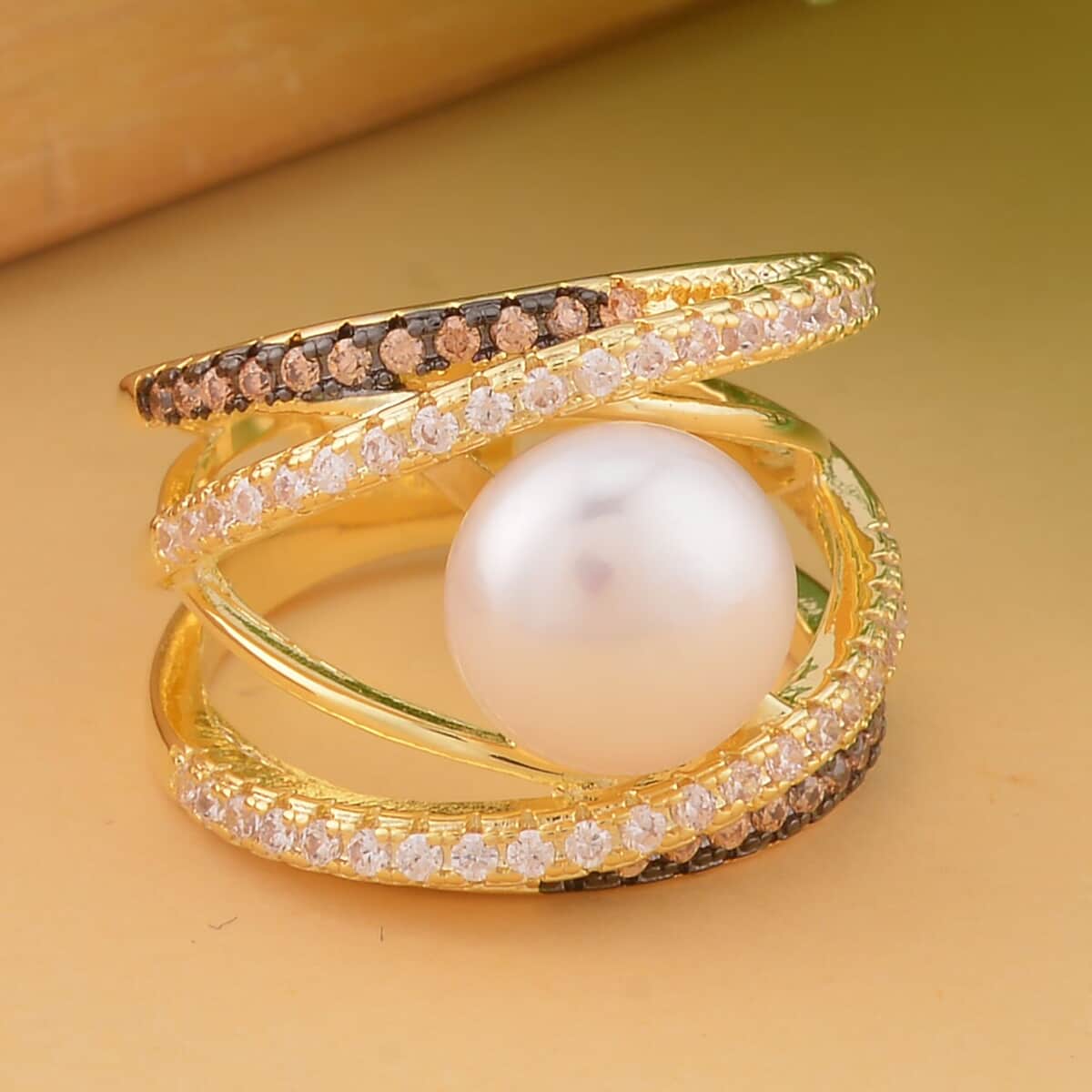 White Freshwater Pearl, Simulated Champagne and White Diamond Ring in Goldtone (Size 10.0) 0.90 ctw image number 1