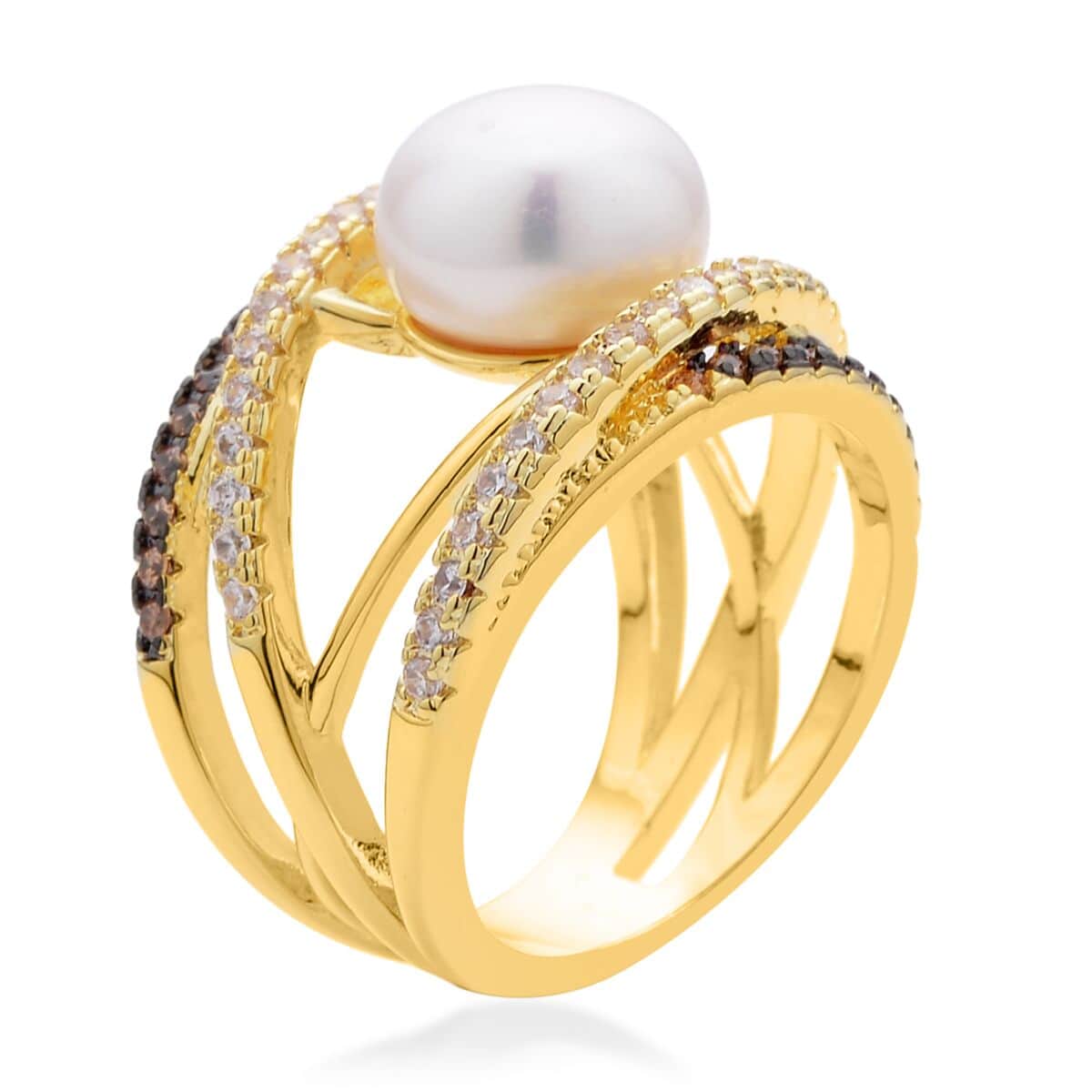 White Freshwater Pearl, Simulated Champagne and White Diamond Ring in Goldtone (Size 10.0) 0.90 ctw image number 3