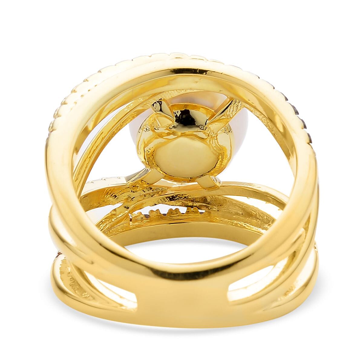 White Freshwater Pearl, Simulated Champagne and White Diamond Ring in Goldtone (Size 10.0) 0.90 ctw