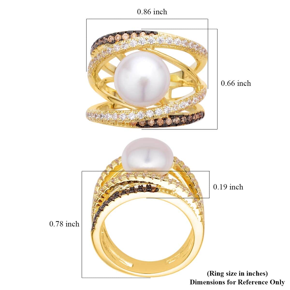 White Freshwater Pearl, Simulated Champagne and White Diamond Ring in Goldtone (Size 10.0) 0.90 ctw image number 5