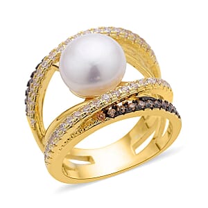 White Freshwater Pearl, Simulated Champagne and White Diamond Ring in Goldtone (Size 9.0) 0.90 ctw