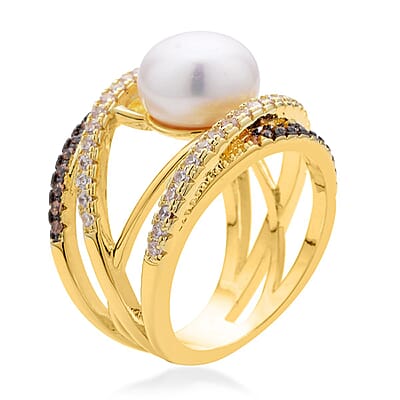White Freshwater Pearl, Simulated Champagne and White Diamond Ring in Goldtone (Size 9.0) 0.90 ctw