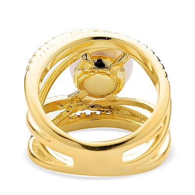 White Freshwater Pearl, Simulated Champagne and White Diamond Ring in Goldtone (Size 9.0) 0.90 ctw