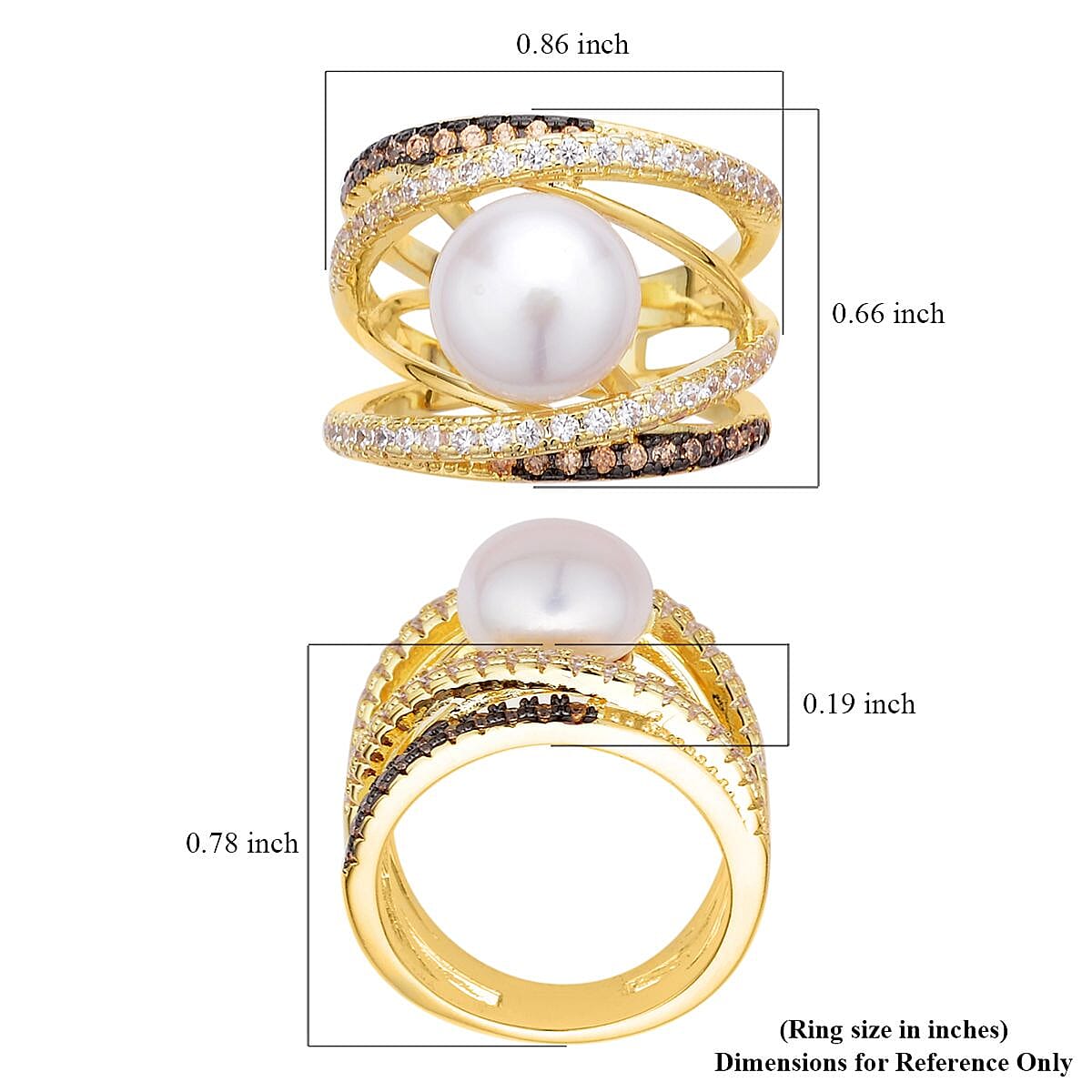 White Freshwater Pearl, Simulated Champagne and White Diamond Ring in Goldtone (Size 9.0) 0.90 ctw image number 5