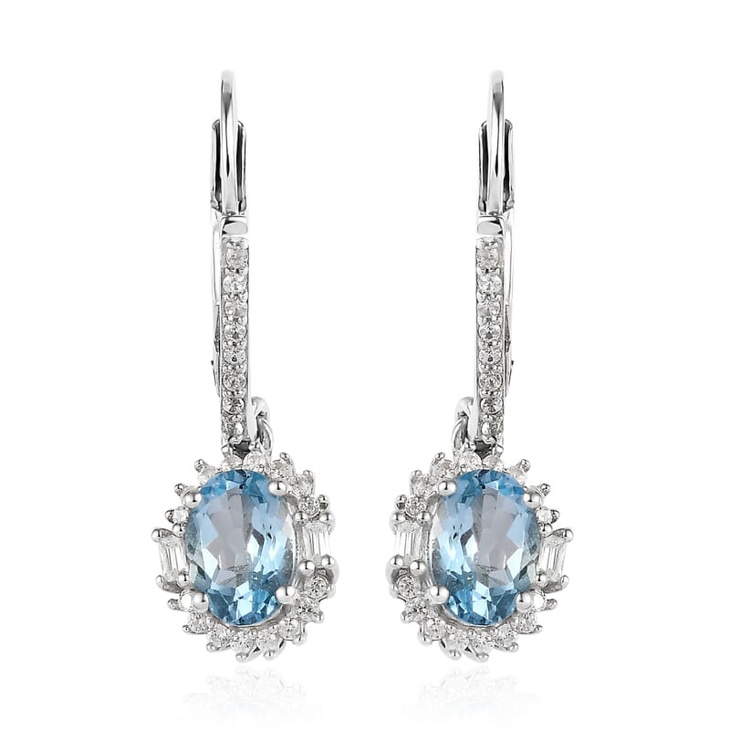 Premium Mangoro Aquamarine and White Zircon Lever Back Earrings in Platinum Over Sterling Silver 2.00 ctw