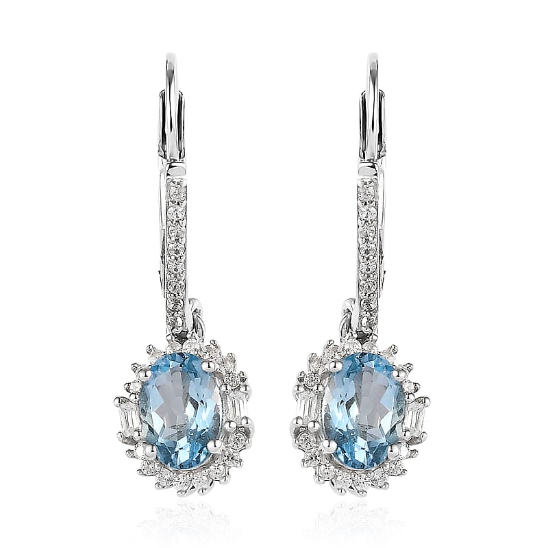 Premium Mangoro Aquamarine and White Zircon Lever Back Earrings in Platinum Over Sterling Silver 2.00 ctw
