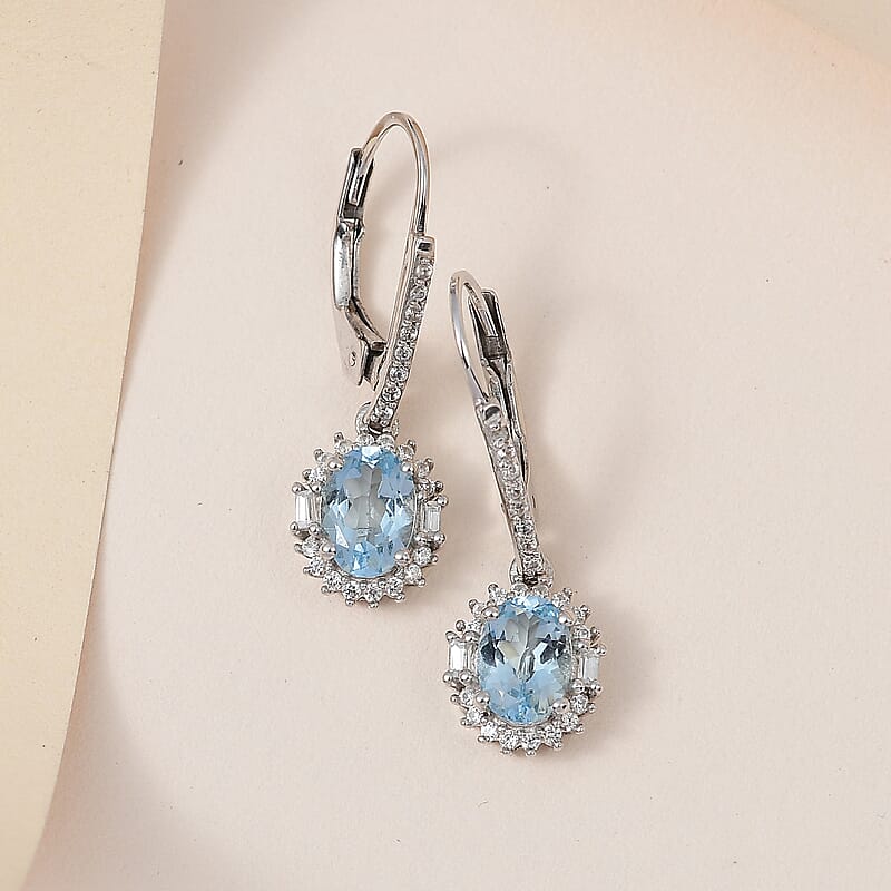 Premium Mangoro Aquamarine and White Zircon Lever Back Earrings in Platinum Over Sterling Silver 2.00 ctw