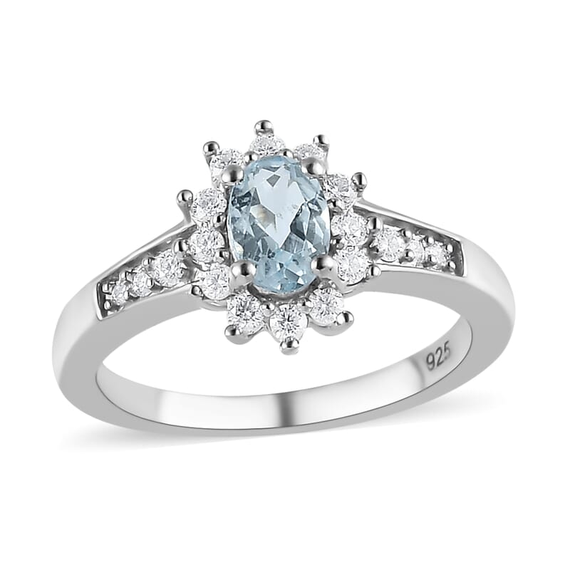 Premium Espirito Santo Aquamarine and Moissanite Sunburst Ring in Platinum Over Sterling Silver (Size 10.0) 0.65 ctw