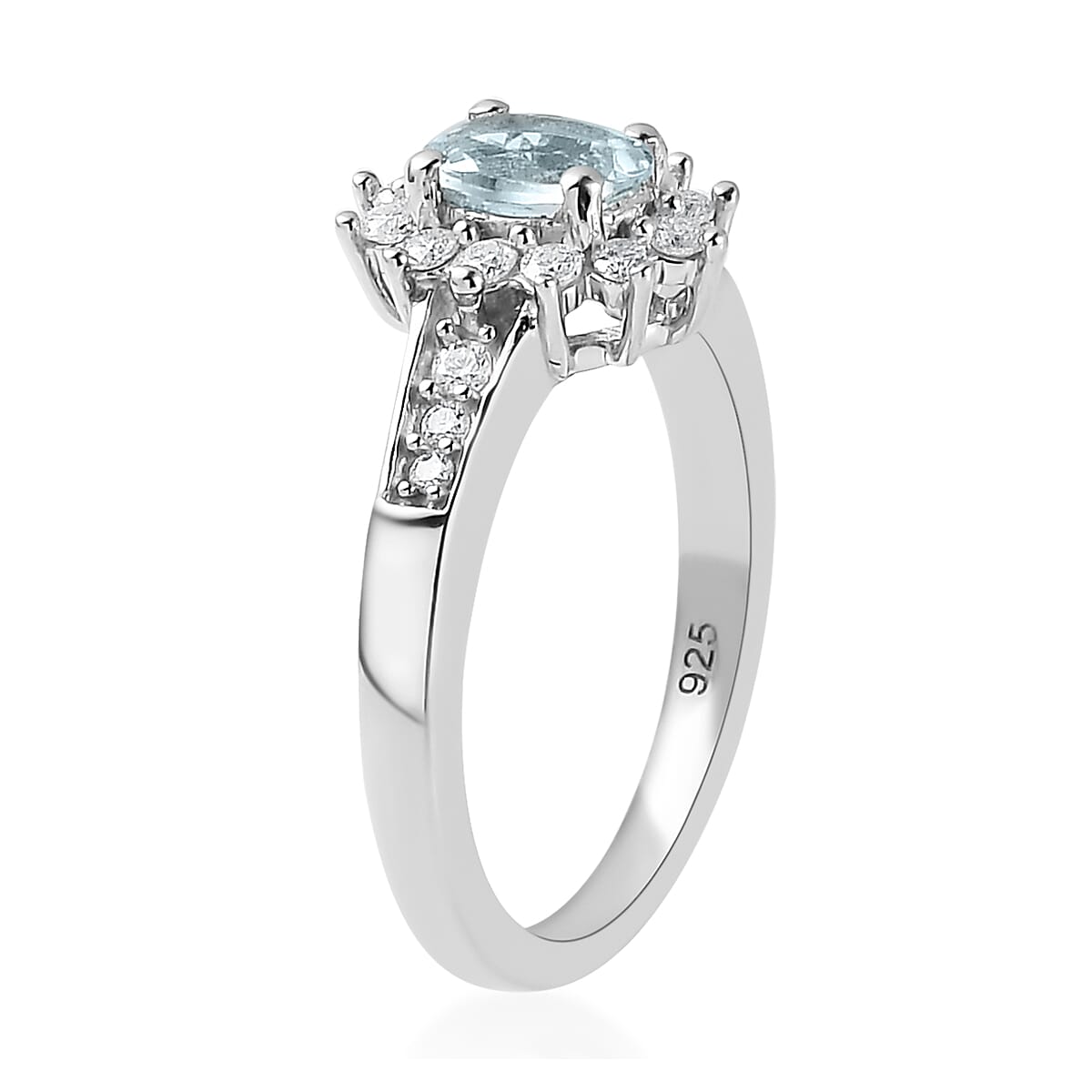 Premium Espirito Santo Aquamarine and Moissanite Sunburst Ring in Platinum Over Sterling Silver (Size 10.0) 0.65 ctw