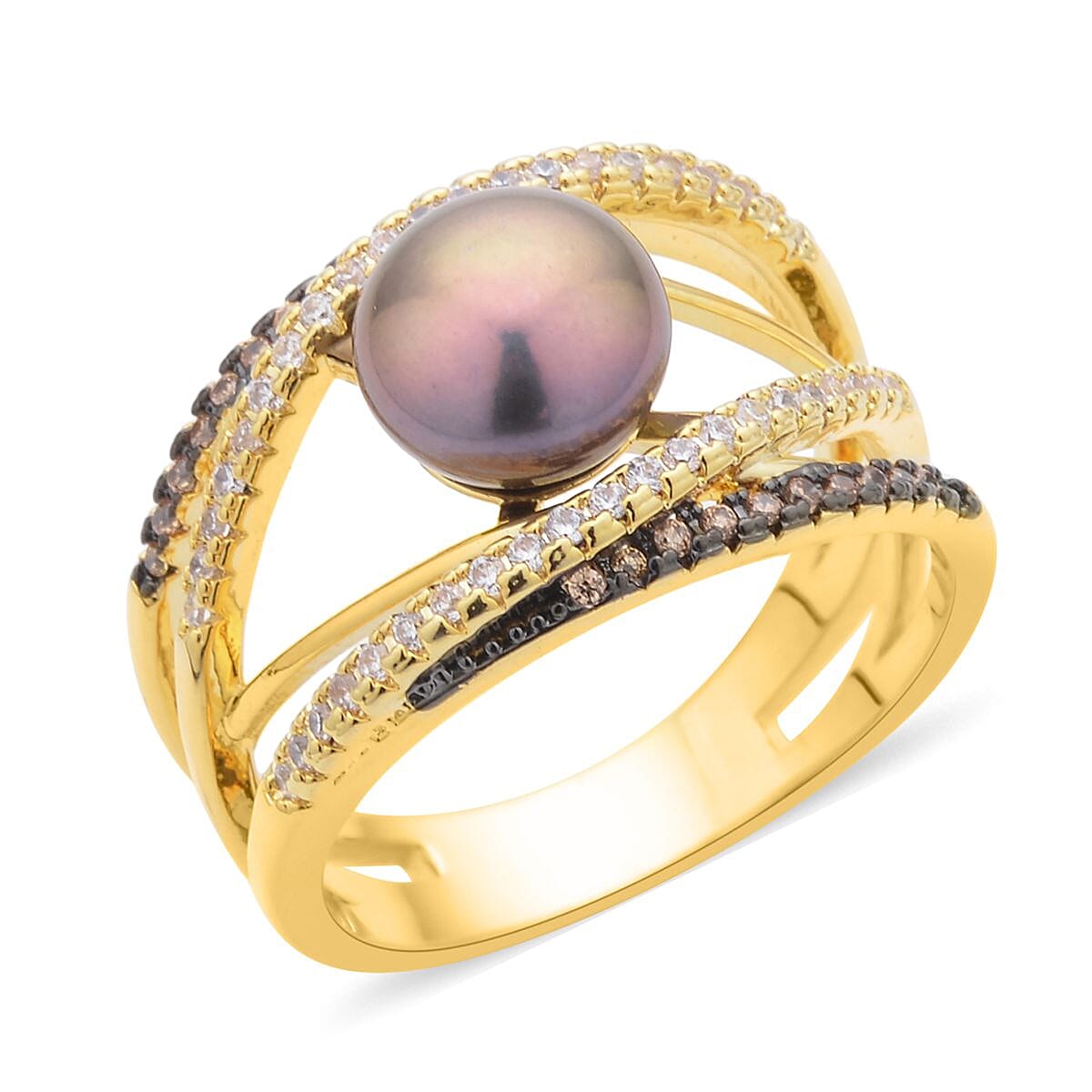 Freshwater Peacock Pearl, Simulated Champagne and White Diamond Ring in Goldtone (Size 6.0) 0.90 ctw
