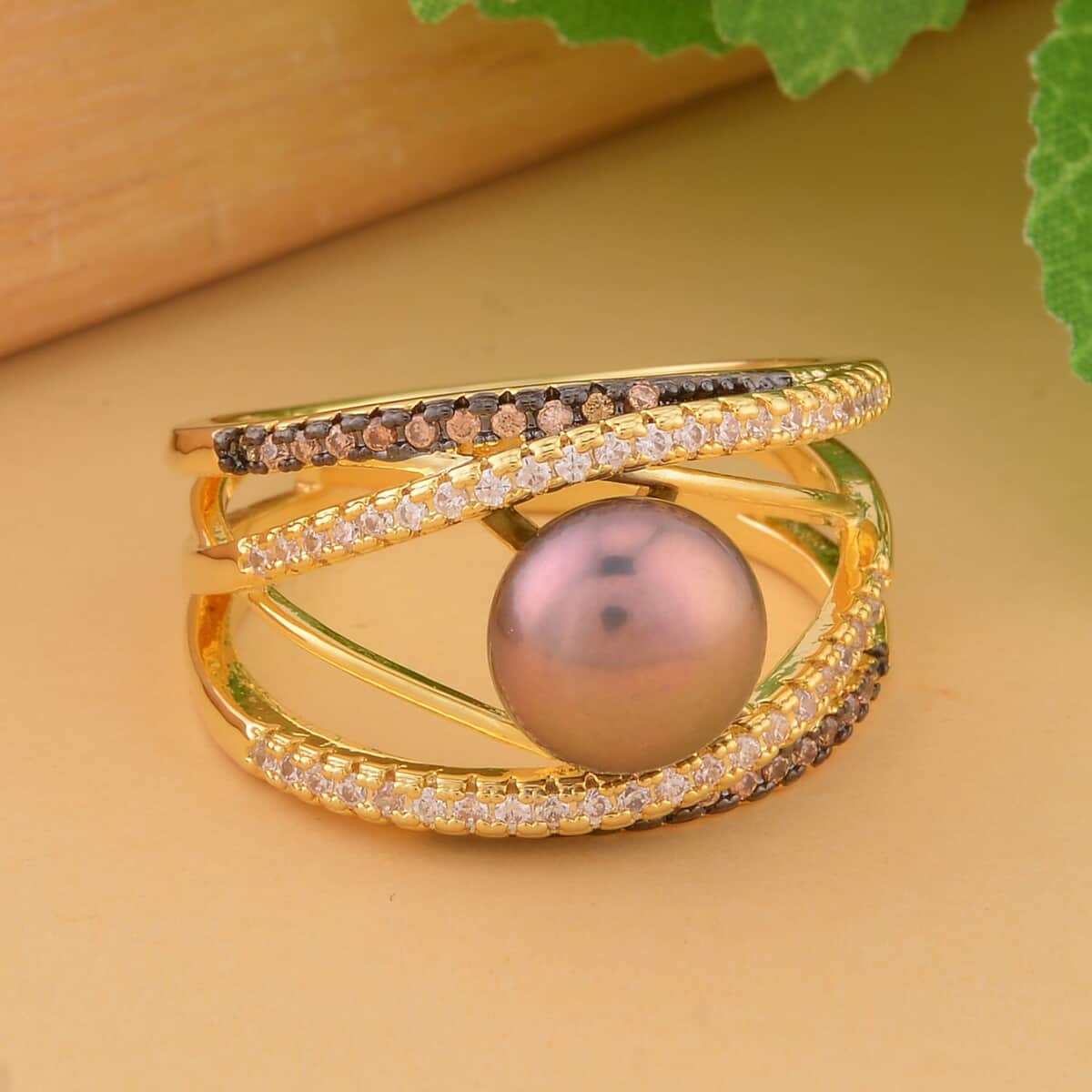 Freshwater Peacock Pearl, Simulated Champagne and White Diamond Ring in Goldtone (Size 6.0) 0.90 ctw image number 1