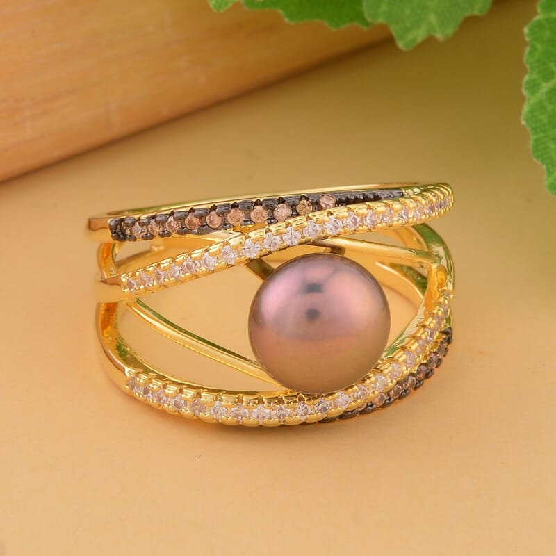 Freshwater Peacock Pearl, Simulated Champagne and White Diamond Ring in Goldtone (Size 6.0) 0.90 ctw