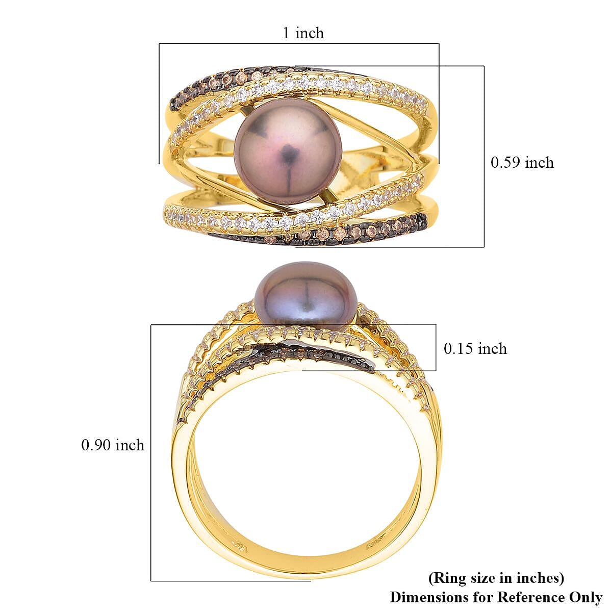 Freshwater Peacock Pearl, Simulated Champagne and White Diamond Ring in Goldtone (Size 6.0) 0.90 ctw