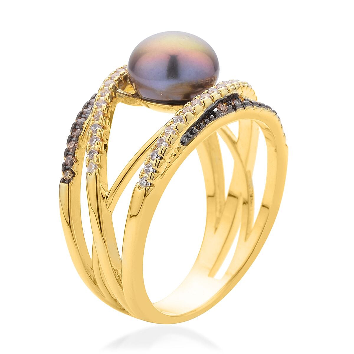 Freshwater Peacock Pearl, Simulated Champagne and White Diamond Ring in Goldtone (Size 8.0) 0.90 ctw image number 3