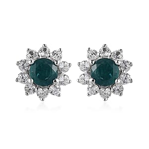 AAA Grandidierite and White Zircon Sunburst Stud Earrings in Platinum Over Sterling Silver 0.90 ctw