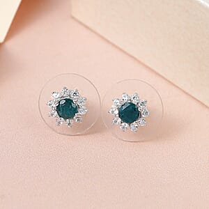 AAA Grandidierite and White Zircon Sunburst Stud Earrings in Platinum Over Sterling Silver 0.90 ctw
