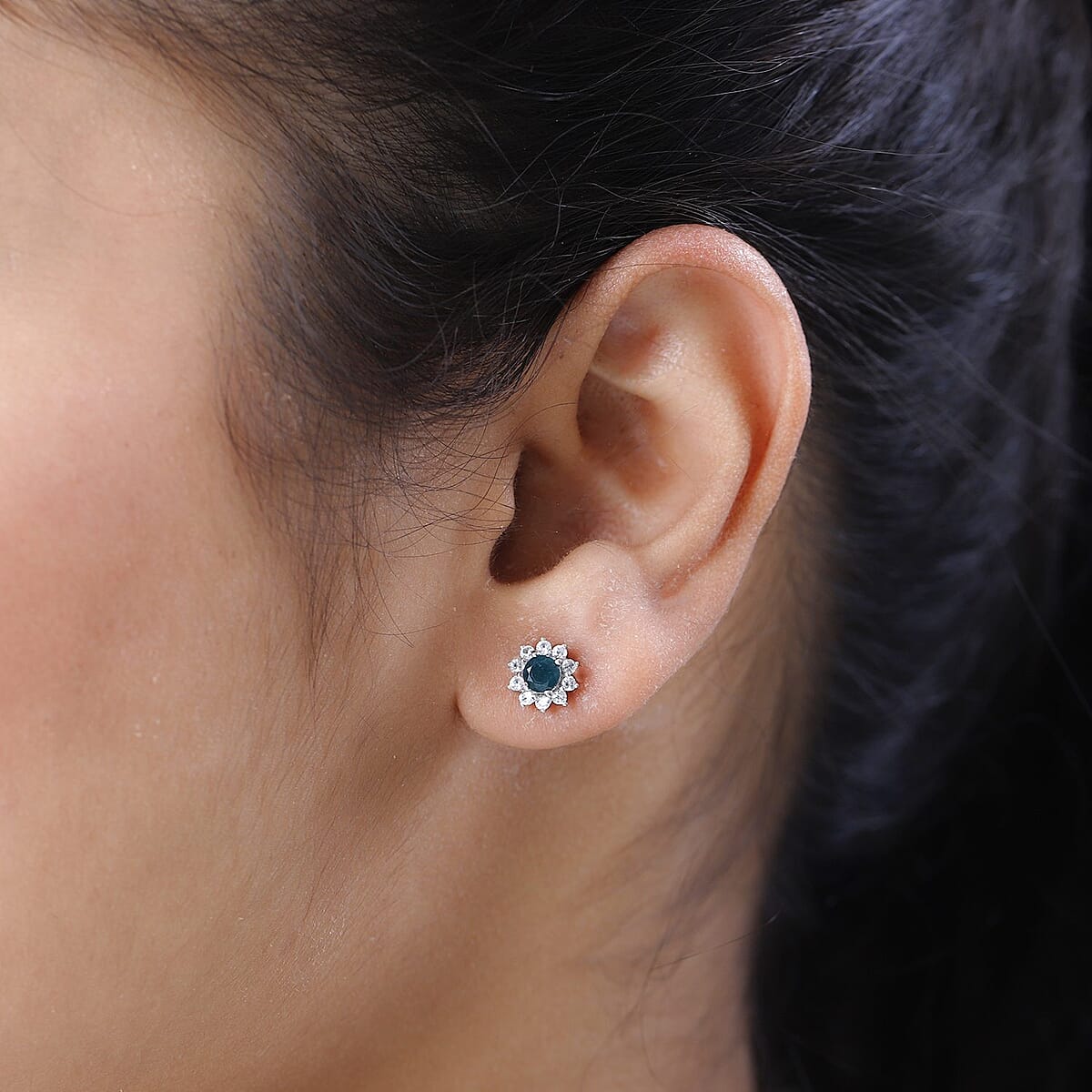 AAA Grandidierite and White Zircon Sunburst Stud Earrings in Platinum Over Sterling Silver 0.90 ctw image number 2