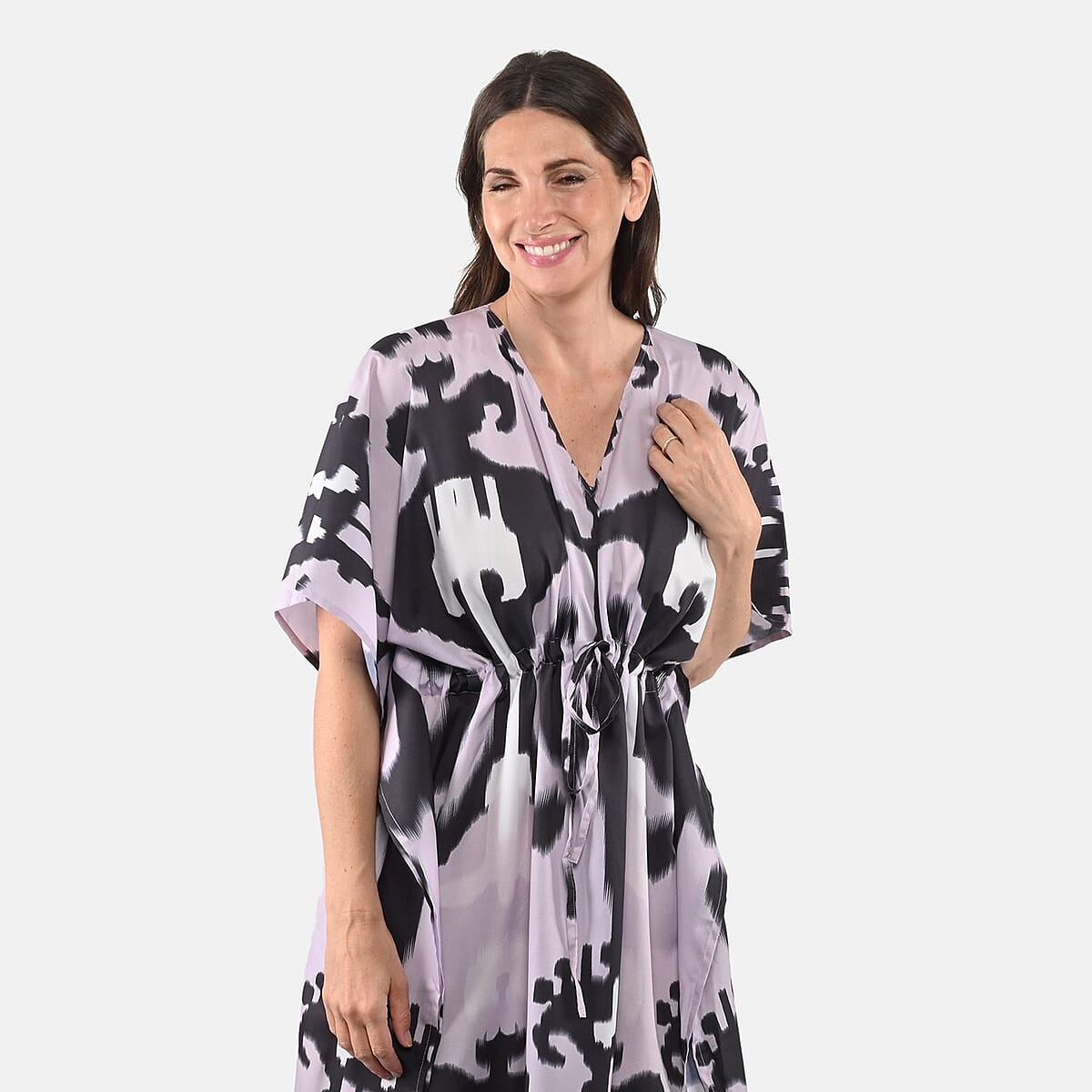 Tamsy Lilac Tie Dye Printed Long Kaftan With Pocket One Size - One Size Fits Most image number 3