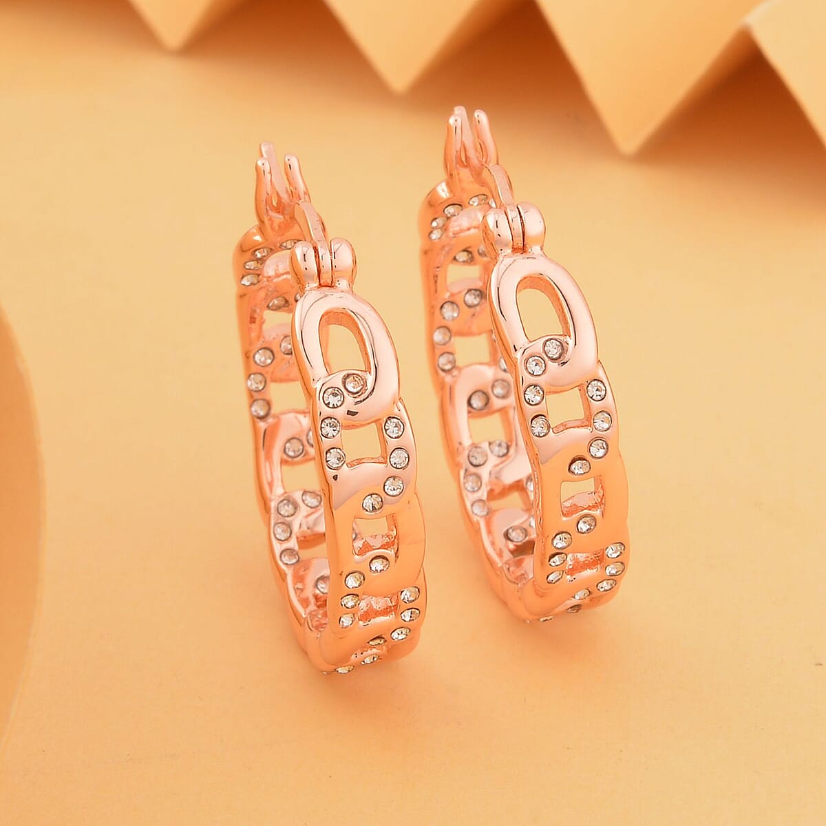 Austrian Crystal Hoop Earrings in ION Plated RG Stainless Steel , Tarnish-Free, Waterproof, Sweat Proof Jewelry image number 1