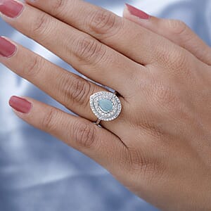 Premium Grandidierite and White Zircon Double Halo Ring in Platinum Over Sterling Silver (Size 8.0) 2.15 ctw