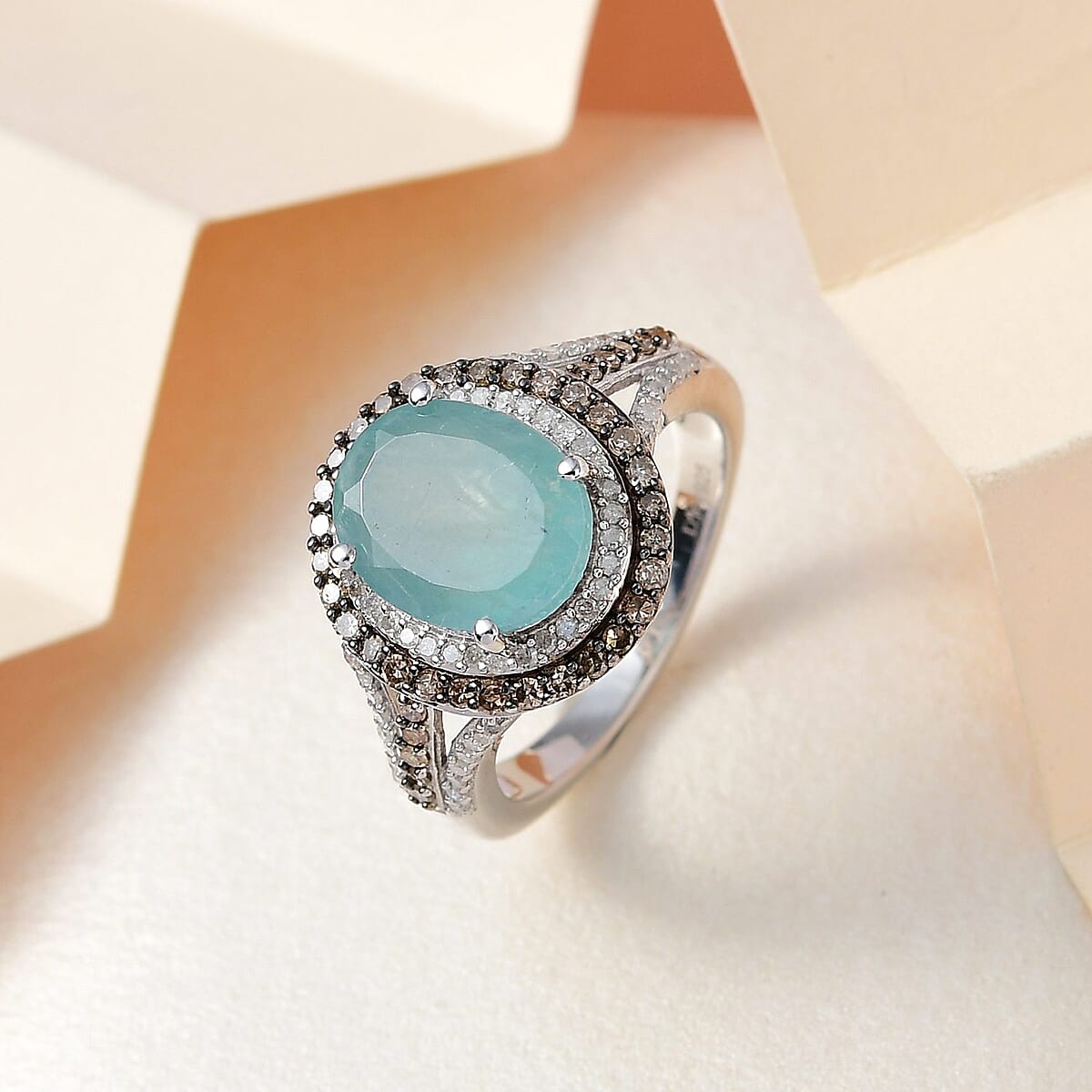 Grandidierite, Natural Champagne and White Diamond (0.70 cts) Double Halo Ring in Platinum Over Sterling Silver (Size 10.0) 4.15 ctw image number 1