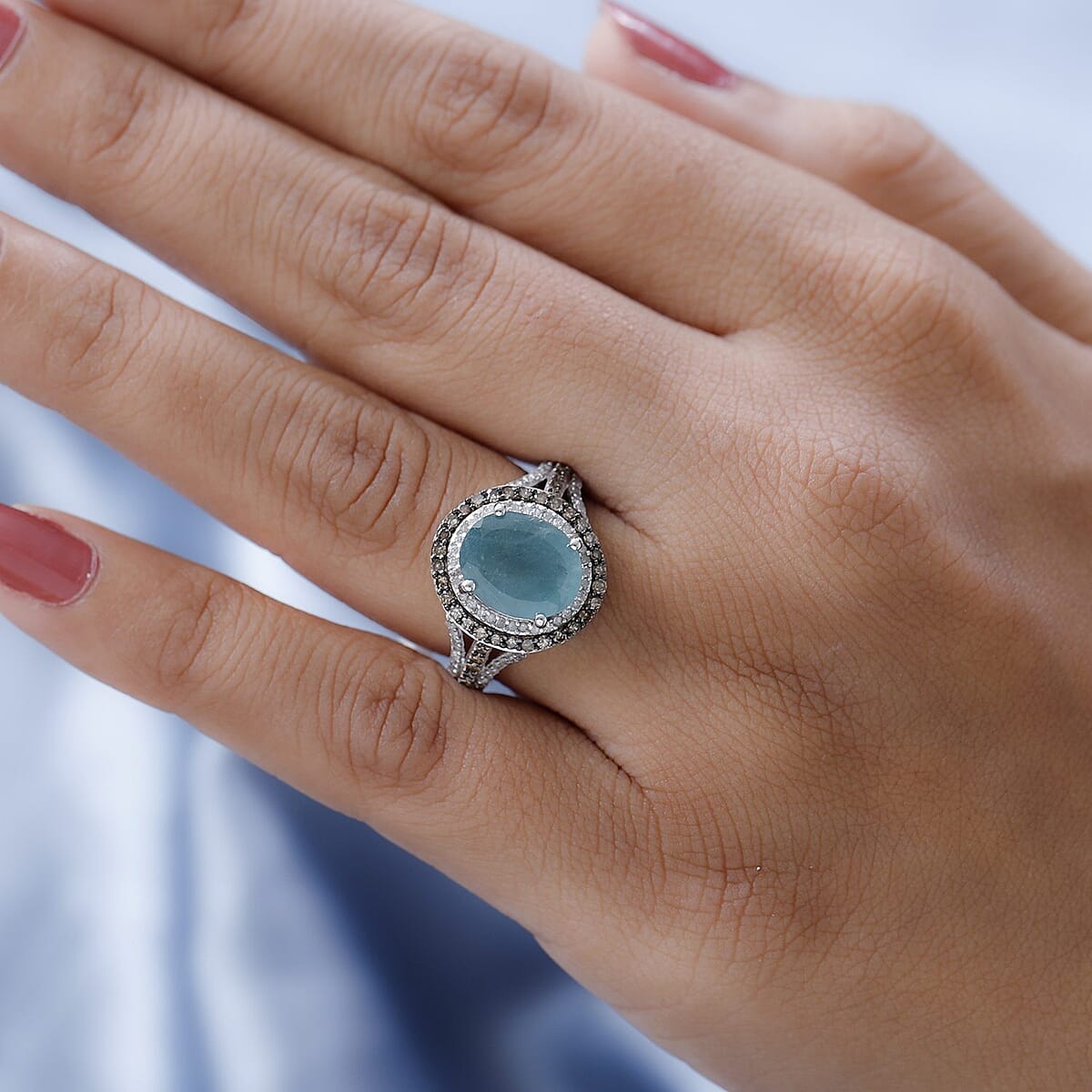 Grandidierite, Natural Champagne and White Diamond (0.70 cts) Double Halo Ring in Platinum Over Sterling Silver (Size 10.0) 4.15 ctw image number 2