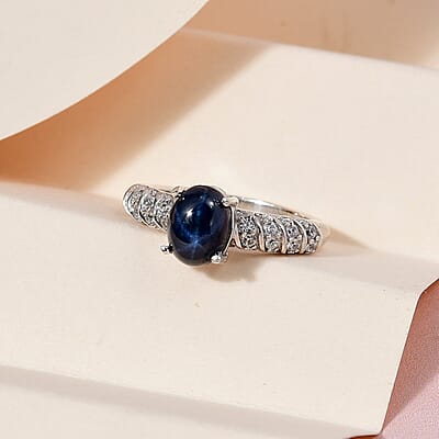 Blue Star Sapphire (DF) and White Zircon Ring in Platinum Over Sterling Silver (Size 10.0) 2.50 ctw