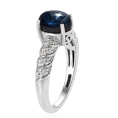 Blue Star Sapphire (DF) and White Zircon Ring in Platinum Over Sterling Silver (Size 10.0) 2.50 ctw