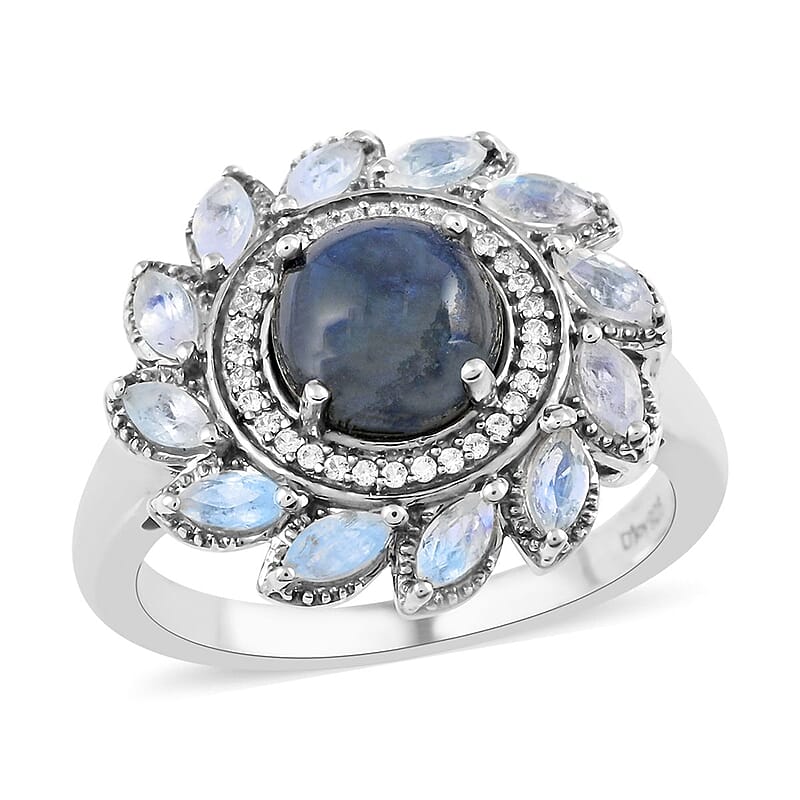 Blue Star Sapphire(DF) and Multi Gemstone Floral Ring in Platinum Over Sterling Silver (Size 10.0) 4.35 ctw