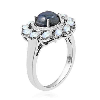 Blue Star Sapphire(DF) and Multi Gemstone Floral Ring in Platinum Over Sterling Silver (Size 10.0) 4.35 ctw