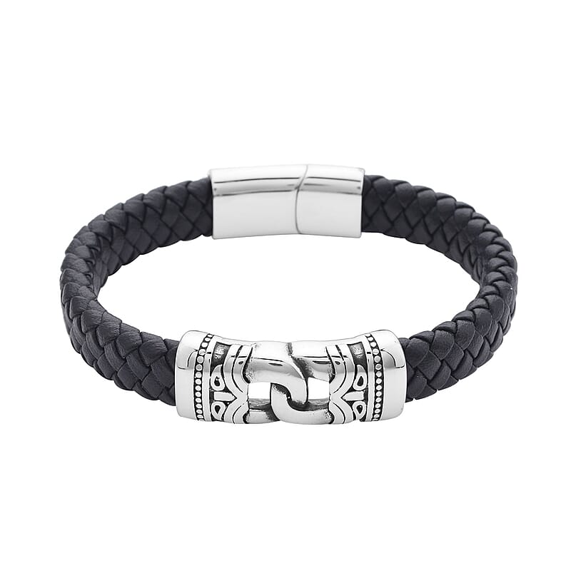 Faux Leather Ancient Pattern Bracelet in Black Oxidized Stainless Steel (8.00 In) , Tarnish-Free, Waterproof, Sweat Proof Jewelry