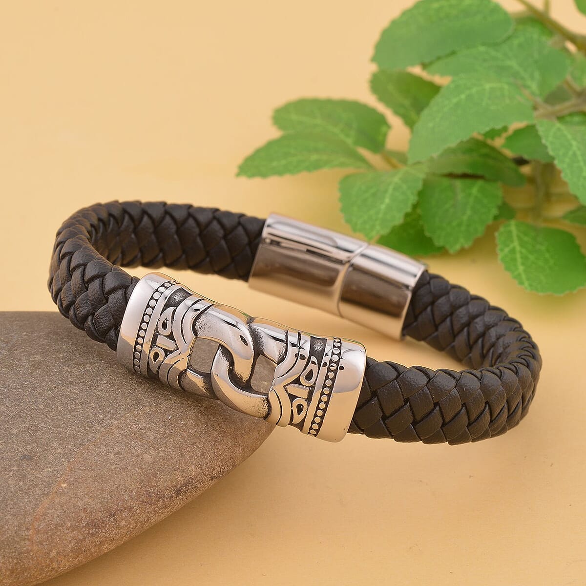 Faux Leather Ancient Pattern Bracelet in Black Oxidized Stainless Steel (8.00 In) image number 1